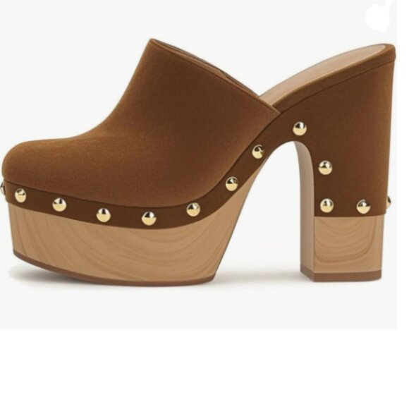 FSJ Brown Suede Round Toe Mules High Chunky Heeled Sandals Slip On Platform Shoe - Picture 1 of 8